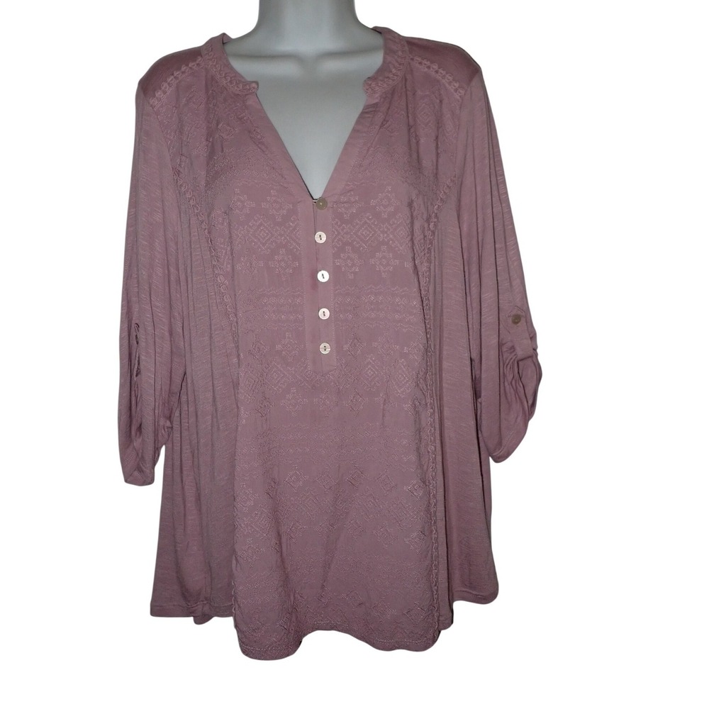 Democracy Women's Embroidered Henley Roll Tab Slub Knit Top Mauve 1X Casual